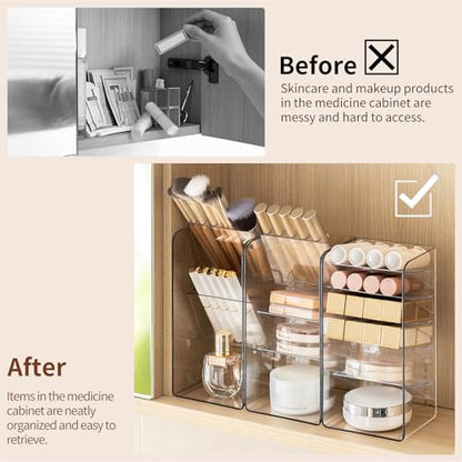 PAVSTINE 3-Pack Medicine Cabinet Organizer, Clear Open Storage Compartment with Adjustable Dividers, for Lip Oil/Lip Pencil/Eye Shadow Palette/Foundation Storage - size: 2-Tier & 3-Tier & 5-Tier Slant Set