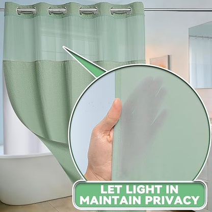 Conbo Mio No Hook Sage Green Waffle Weave Shower Curtain with Snap in Liner Set, Hotel Luxury Shower Curtains for Bathroom with See Through Top Window, Waterproof, Washable 71W x 74H - color: Sage Green Style, size: 71"W x 74"L (Pack of 1)