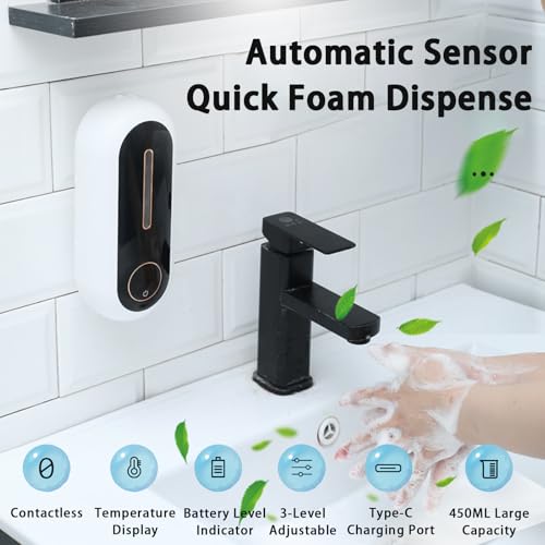 Automatic Soap Dispenser, Smart Foam Soap Dispenser with Temperature Display & Long-Last Battery, 450ML Large Capacity, 3 Modes for Kitchen Sink and Bathroom, Wall-Mounted Hand Soap Dispenser (Blue) - color: Blue