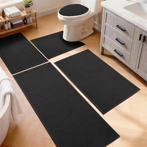 Black Bathroom Rugs Sets 5 Piece, Quick Dry Thin Bath Mat with Toilet Rug, Non Slip Absorbent Machine Washable, Bath Runner Rugs for Bathtub Sink Home Decor - color: Black, size: 5 pieces