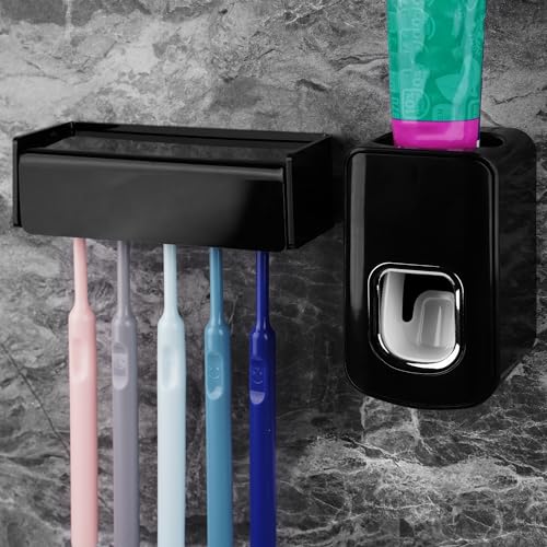5 Slots Wall Mount Toothbrush Holder with Cover, Self Adhesive Toothbrush Storage Organizer for Shower, Toothbrush Hanger with Automatic Toothpaste Squeezer Dispenser(Black) - color: Black Combination