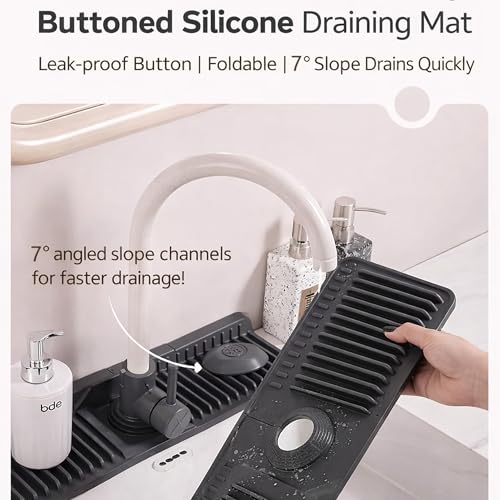 Silicone Faucet Mat for Kitchen Sink, Kitchen Sink Splash Guard Behind Faucet, Added Button Design to Effectively Prevent Water from Slipping Along the Faucet (Black, 24" x 5.5")