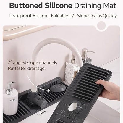 Silicone Faucet Mat for Kitchen Sink, Kitchen Sink Splash Guard Behind Faucet, Added Button Design to Effectively Prevent Water from Slipping Along the Faucet (Black, 24" x 5.5")