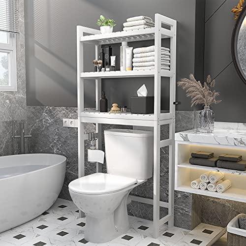 Over The Toilet Storage, Bamboo Over Toilet Bathroom Organizer Rack, Freestanding Bathroom Shelves Above Toilet Storage with 3 Hooks, Bathroom Space Saver, No Rust, Easy to Assemble, White - color: White
