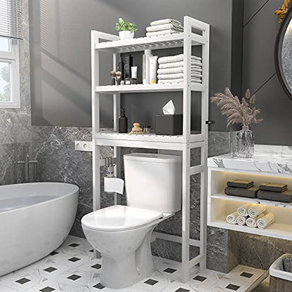 Over The Toilet Storage, Bamboo Over Toilet Bathroom Organizer Rack, Freestanding Bathroom Shelves Above Toilet Storage with 3 Hooks, Bathroom Space Saver, No Rust, Easy to Assemble, White - color: White