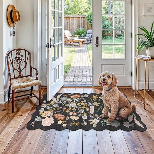 3x5 Washable Rug for Entryway - Non-Slip Scalloped Floral Area Rug Black | Soft Ultra-Thin Carpet Floor for Kitchen Bedroom Living Room - Boho Flower Indoor Door Mat Stain Resistant Throw Rug - color: Black, size: 3' x 5' (Rectangular)