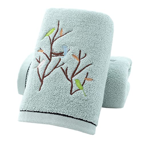 Hand Towels Set of 2 Embroidered Bird Tree Pattern 100% Cotton Absorbent Soft Decorative Towel for Bathroom (Aqua Green) - color: 2 Aqua Green, size: 13.8 x 29.5