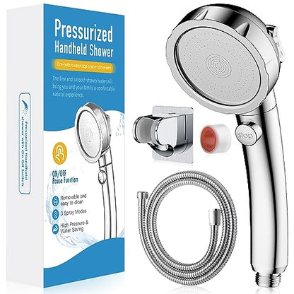 High Pressure Shower Head with Handheld, Chrome | On Off Shower for RV with Stop Button and 3 Modes, Detachable Water Saving Shower Head with Hose and Self-Adhesive Bracket - color: Chrome