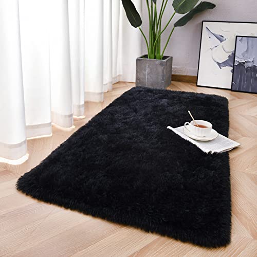 Chicrug Soft Area Rugs for Bedroom Living Room Plush Fluffy Rug 2x4 Feet, Shag Furry Area Rug Carpet Non Shedding for Nursery Children Kids Girls Room Home Decorative, Black | Shag Furry Area Rug Carpet Non Shedding for Nursery Children Kids Girls Room Ho