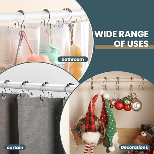 Shower Curtain Hooks, OEH Shower Curtain Rings, Bronze Shower Curtain Hooks Rust Proof, Smooth Gliding Metal Shower Curtain Rings Rust Proof, Double Shower Hooks for Shower Curtain, 12 Pcs, Bronze - color: Bronze, size: Classic Double Hooks