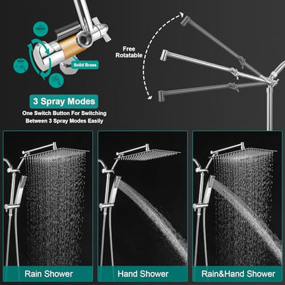 All Metal 12 Inch Rain Shower Head with Handheld Spray Combo, High Pressure Waterfall Rainfall Square Shower Heads with 16" Adjustable Extension Arm, Dual Showerhead with 3-Way Diverter, Chrome - color: Polished Chrome, size: 12 Inch