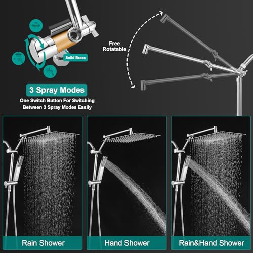 All Metal 10 Inch Rain Shower Head with Handheld Spray Combo, High Pressure Waterfall Rainfall Square Shower Heads with 16" Adjustable Extension Arm, Dual Showerhead with 3-Way Diverter, Chrome - color: Polished Chrome, size: 10 Inch