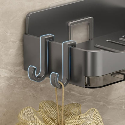 Black Wall Mounted Soap Dish for Shower No Punching Soap Box with Drain Tray and 2 Hooks Bathroom Soap Rack with Hook Double Drain Soap Dish