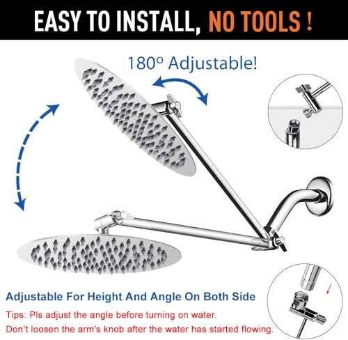 NearMoon Rain Shower Head with 11'' Adjustable Arm, High Pressure Stainless Steel Rainfall Shower, Ultra-Thin Design - Pressure Boosting (10 Inch, Chrome) - color: Chrome, size: 10 Inch