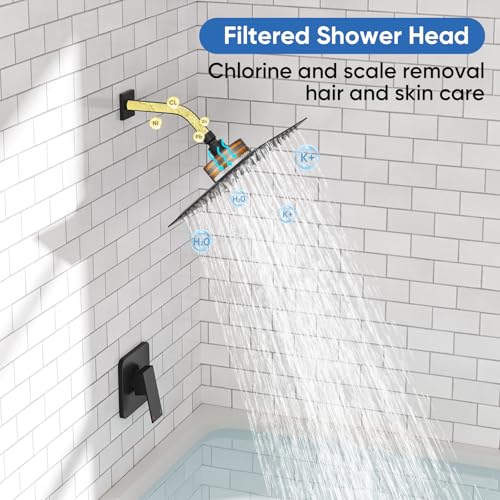 RUMOSE Shower Faucet Set Matte Black Rain Shower Head and Handle Set for Tub 8 Inch Rainfall Shower System with Filter for Hard Water Single Function Trim Kit with Rough-in Valve Stainless Steel