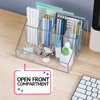 STORi Stackable Desk Organizer, Clear Pen Pencil Makeup Brush Holder for Desktops and Vanities, 6 Compartment Caddy (Made in USA) - style: Organizer Top