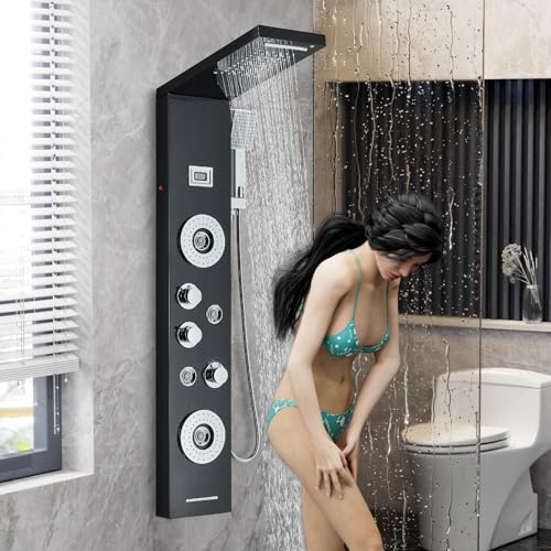 AlenArt Shower Panel Tower System Rainfall Waterfall Shower Head with Body Jets Stainless Steel Rain Massage System 5-Function High Pressure Shower Panel Tower System,HFT8029 - color: Black