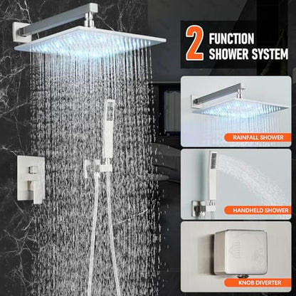 Brushed Nickle Shower System 12 Inch LED Rainfall Shower Head Brass Handheld Combo Set Bathroom Rain Shower Mixer Shower Rough-in Valve Body and Trim Included