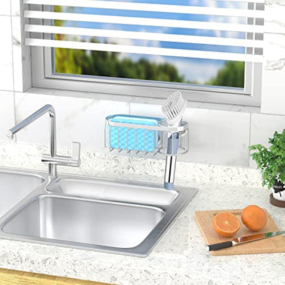 2-in-1 Sponge Holder for Kitchen Sink, Sink Caddy Kitchen Sink Organizer with 3 Suction Cups, No Drill Rustproof Sink Sponge Holder for Dish Brush, Soap & Sponge (Silver) - color: A Style-Silver