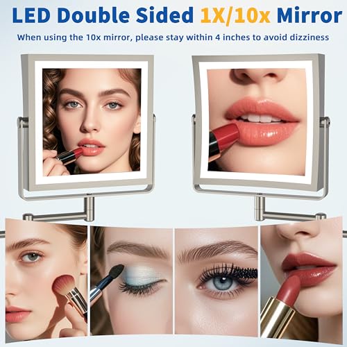 Ruacq Wall Mounted Makeup Mirror with Lights 1X/10X Brushed Nickel | 8",4000mAh Rechargeable,Magnification,3 Color,Touch Screen Dimmable,360° Rotation Extension Foldable Arm, Square, Women Gift - color: Brushed Nickel