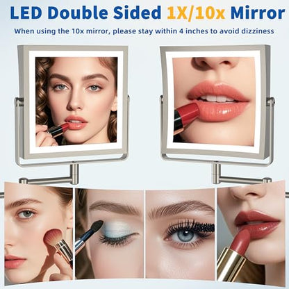 Ruacq Wall Mounted Makeup Mirror with Lights 1X/10X Brushed Nickel | 8",4000mAh Rechargeable,Magnification,3 Color,Touch Screen Dimmable,360° Rotation Extension Foldable Arm, Square, Women Gift - color: Brushed Nickel