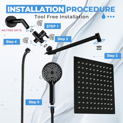 Shower Head, 8 inch Multifunction High Pressure Rain Shower Head with Handheld Spray Combo with 11'' Angle Adjustable Extension Arm/Flow Regulator/Shower System Matte Black - color: Black, size: 8 Inch
