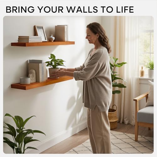 Oak Floating Shelves 36 inches Long, High End Solid Real Wood 36 inch Floating Shelf for Room Wall, Honey Oak Wooden 36inch Kitchen Shelves, Heavy Duty Bracket, 36 X 6.5 X 1.75 in, Set of 2 - color: Honey Oak - Warm Amber Tone, size: 36 inch