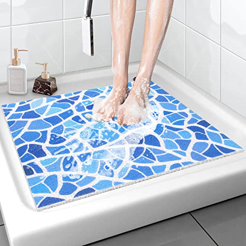 Shower Mat Non-Slip, 24x24 Inch, Soft Comfort Bath Mat with Drainage Holes, PVC Loofah Massage Bathmat for Shower,Tub,Bathroom,Wet Areas, Quick Drying - color: Blue Mosaic -2, size: 24" x 24" (Square)