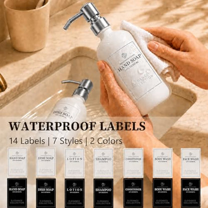Fachixy White Glass Soap Dispenser 2 Pack, 16 Fl Oz, 14 Waterproof Labels | Leak-Resistant Stainless Steel Pump, Non-Slip Pad, Hand & Dish Soap Dispenser Bottles Set for Kitchen and Bathroom - color: Off-white