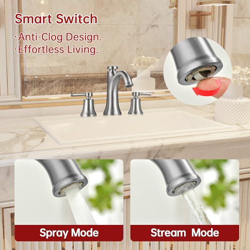 SUMERAIN Brushed Nickel Widespread Bathroom Sink Faucet 3 Hole | Transitional Style, Two Handles, Temperature Memory Function, Solid Brass - color: Brushed Nickel