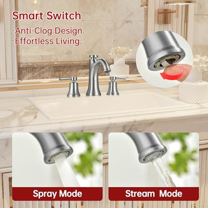 SUMERAIN Brushed Nickel Widespread Bathroom Sink Faucet 3 Hole | Transitional Style, Two Handles, Temperature Memory Function, Solid Brass - color: Brushed Nickel