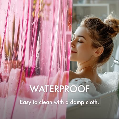 AmazerBath No Hook Shower Curtain and Liner 3-in-1, 8G Luxury Heavy Duty Clear Hot Pink No Hook Shower Curtain Liner, 72x75 Cute EVA Bathroom Weighted Plastic Shower Curtain with 3 Heavyweight Stones - color: Rainbow Vibrant Haven