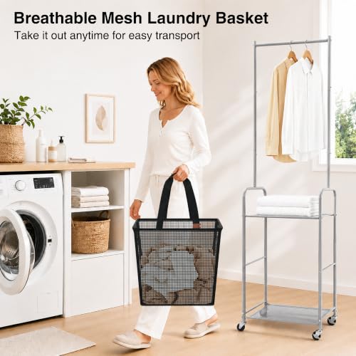 STO STO 3-in-1 Laundry Cart with Hanging Rack, Slim Space-Saving Rolling Laundry Sorter Hamper with Hanging Bar, Removable Pop-Up Mesh Laundry Basket, Storage Shelf, Lockable Wheels for Small Spaces