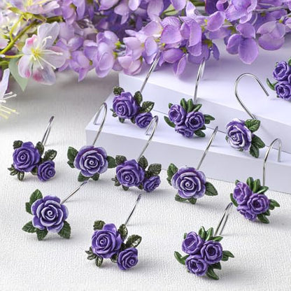 12 Pcs Purple Rose Shower Curtain Hooks Cute Purple Rose Decorative Curtain Rings Bulk Hanger Stainless Steel Resin Spring Flowers Themed Hooks for Bathroom Bedroom Living Room Home Decor - style: Purple Rose