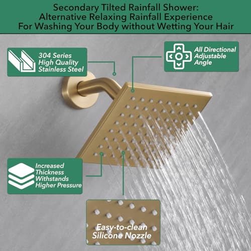 VANFOXLE Shower System, Brushed Gold Shower Faucet Set, Four Modes | 10 Inch Ceiling Mount Head Increased Thick, 6 Inch Second Head, 2-in-1 Handheld Combo, 4 PCS Dual Mode Body Jets, Brass Valve - color: Brushed Gold