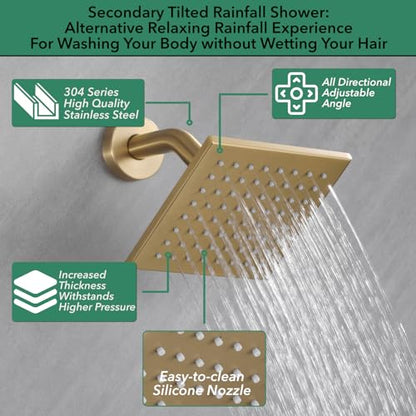 VANFOXLE Shower System, Brushed Gold Shower Faucet Set, Four Modes | 10 Inch Ceiling Mount Head Increased Thick, 6 Inch Second Head, 2-in-1 Handheld Combo, 4 PCS Dual Mode Body Jets, Brass Valve - color: Brushed Gold
