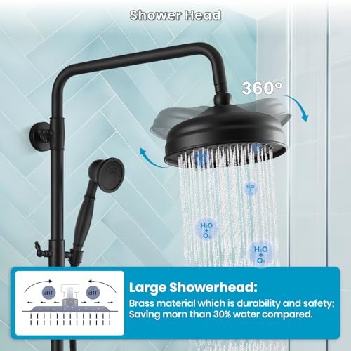 gotonovo Exposed Shower System Wall Mount,Matte Black,Metal Handheld | 8” Rain Shower Head Faucet Set Fixtures,2 Function,Two Cross Handle,Height Adjustable,for 5-6.7" Hole,Indoor Victorian Retro - color: Black