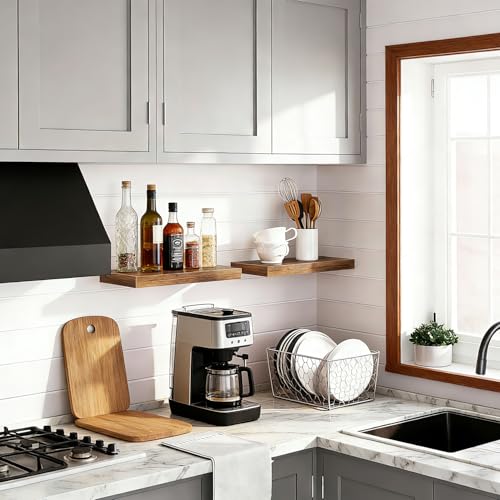 Solid Wood Floating Shelves Set of 2 - Waterproof Scratch Resistant Wall Mounted Shelves, Country Style Brown (15.75 in W × 9.25 in D × 1.57 in H) for Bedroom Bathroom Kitchen Living Room - color: Country Style Brown, size: 15.75'W *9.25"D*1.57"H ,Set of