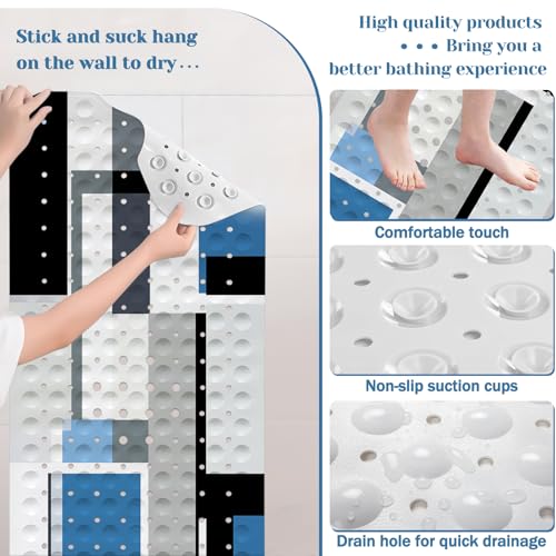 Blue Black Bath Tub Mat Non Slip, Modern Geometric Large Washable Shower Mats with Drain Holes and Suction Cups,40 X 16 Inch - color: Blue Black