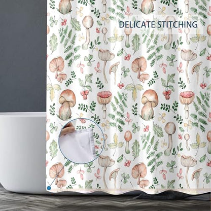 Mushroom and Fern Leaves Shower Curtain, Waterproof Fabric Cute Plant Botanical Bathroom Shower Curtain, 72 x 72 Inch - color: White Mushroom, size: 72"W x 72"L (Pack of 1)