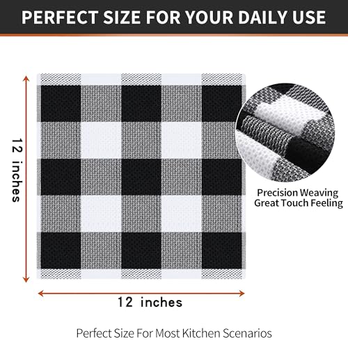 Homaxy 100% Cotton Check 6 Pack Dish Cloths, 12" x 12", White & Black | Waffle Weave, Plaid, Super Soft and Absorbent Dish Rags, Quick Drying, Multi-Purpose - color: White & Black, size: 12 x 12 - 6 Pack
