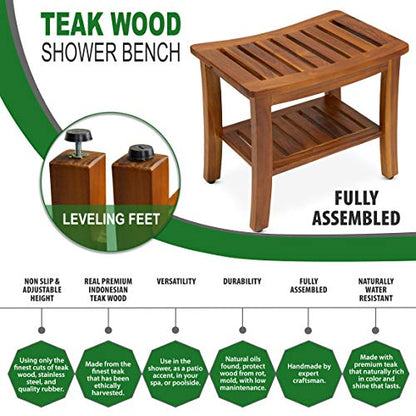 Teakcraft Teak Shower Bench & Stool for Inside Shower, 21", Fully Assembled | Patented, Waterproof solid teak, holds 350 lbs. Non-slip feet. Spa bath seat for elderly, leg shaving, sauna, outdoor