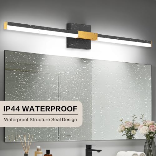 SOLFART Bathroom Lighting Fixtures Over Mirror: 32-Inch Black and Gold Dimmable Built-in Step Dimming Vanity Light ETL IP44 - color: Black Gold-6000K, 5-Step Brightness Control, size: 32 inch
