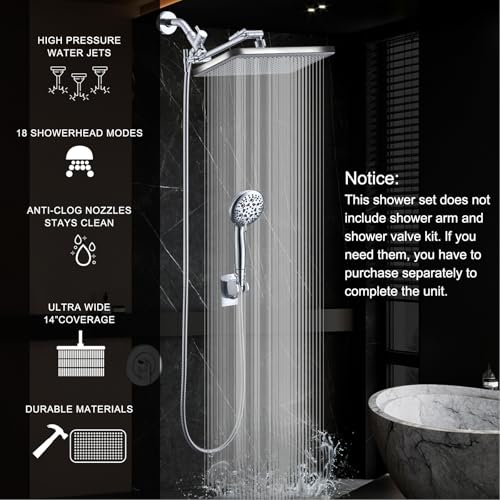 Rain Shower Head Combo-14''Rainfall ShowerHead,8 Modes Handheld with ON/OFF Pause Switch, Double High Pressure Shower heads with Hose,Adjustable and detachable for Couple and Kids - style: Contemporary