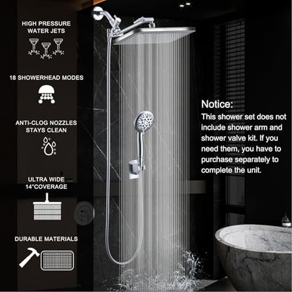 Rain Shower Head Combo-14''Rainfall ShowerHead,8 Modes Handheld with ON/OFF Pause Switch, Double High Pressure Shower heads with Hose,Adjustable and detachable for Couple and Kids - style: Contemporary