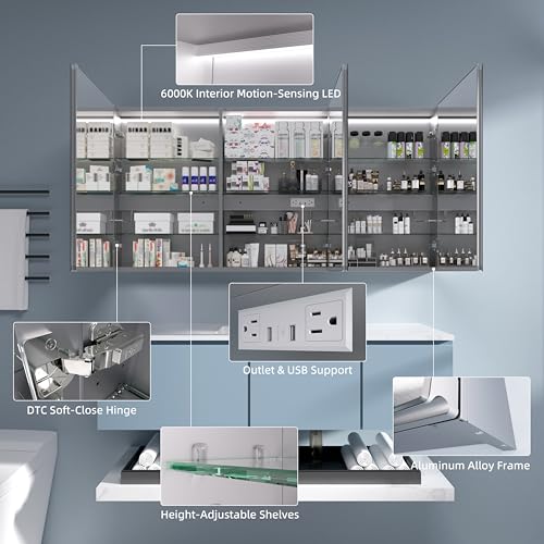 Medicine Cabinet with Lights 60x30 Anti-Fog Mirror Dimmable | 3 Color Dimmable LED. Time/Temp Display. Anti-Fog IP44. 2 Outlets+2 USB. Plug-in/Hardwired. Recessed/Wall Mount. - size: 60x30", style: Style-A