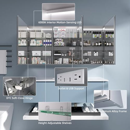 Medicine Cabinet with Lights 60x30 Anti-Fog Mirror Dimmable | 3 Color Dimmable LED. Time/Temp Display. Anti-Fog IP44. 2 Outlets+2 USB. Plug-in/Hardwired. Recessed/Wall Mount. - size: 60x30", style: Style-A