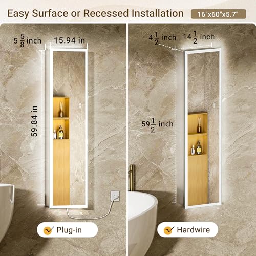 Surface or Recessed Backlit Medicine Cabinet Mirror 16x60 Inch Tall, Pre-Assembled Lighted Medicine Cabinet with 155° Soft-Close Hinge, Dimmable LED Mirror Cabinet with Outlet & Inner Light - size: 16x60'' (Left Hinge)