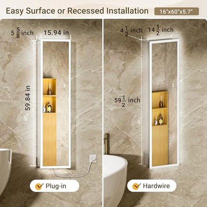 Surface or Recessed Backlit Medicine Cabinet Mirror 16x60 Inch Tall, Pre-Assembled Lighted Medicine Cabinet with 155° Soft-Close Hinge, Dimmable LED Mirror Cabinet with Outlet & Inner Light - size: 16x60'' (Left Hinge)