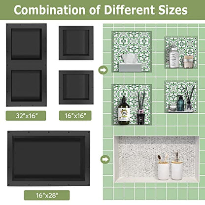 Suteck 32"x16" Shower Niche, Double Shelf Tile-Ready Waterproof Storage Box | 12"x12" Each Cubby | 100% Waterproof ABS | Over/Flush Mount, Vertical/Horizontal | Multi-Scene For Bathroom, Kitchen - size: 32" x 16"